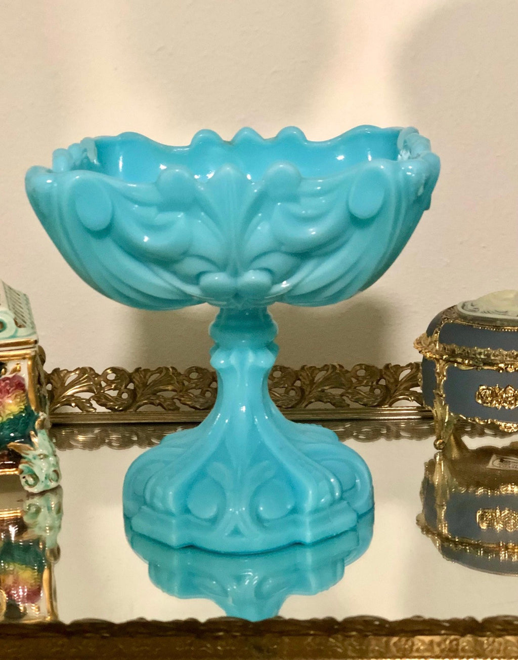 Vintage French Portieux Vallerysthal Blue Drape Pedestal Compote Bowl