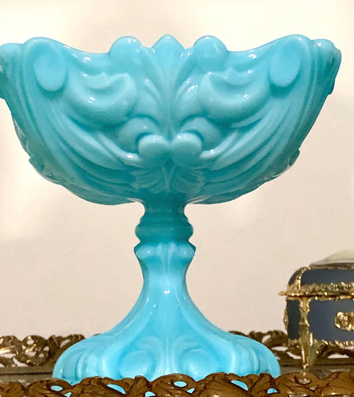 Vintage French Portieux Vallerysthal Blue Drape Pedestal Compote Bowl
