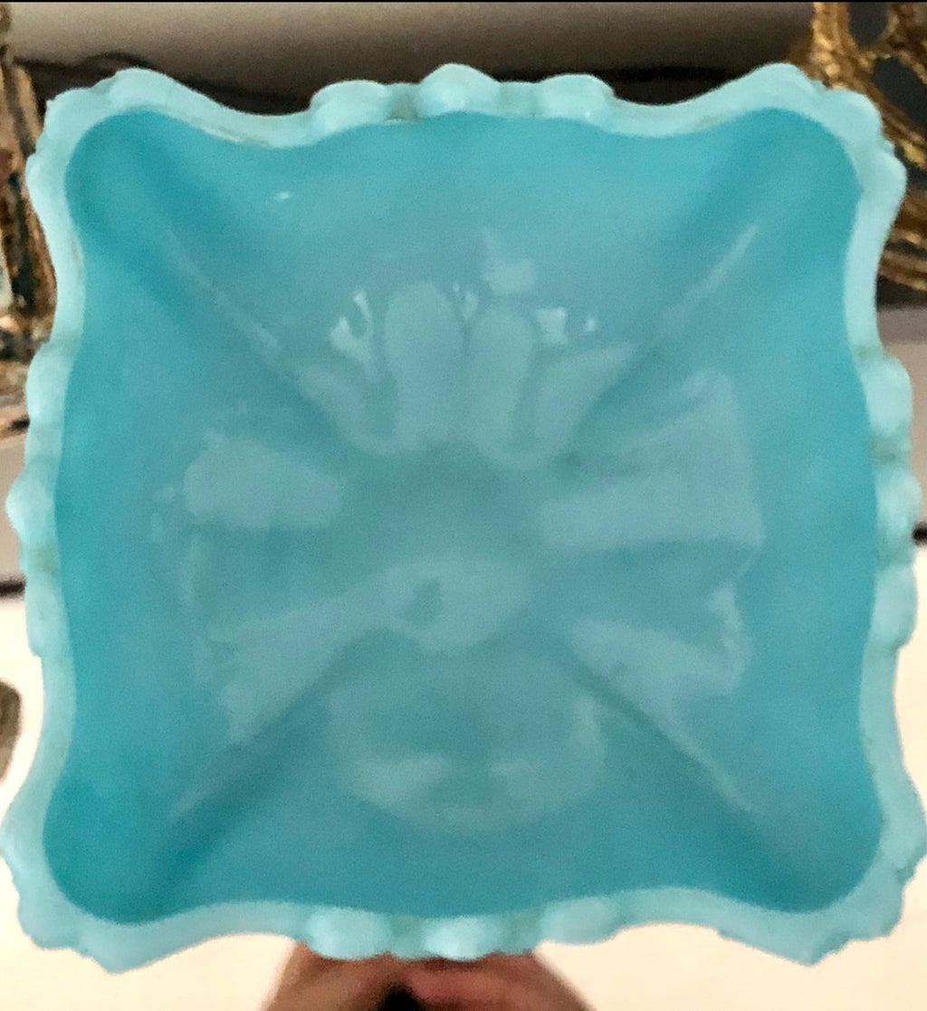 Vintage French Portieux Vallerysthal Blue Drape Pedestal Compote Bowl